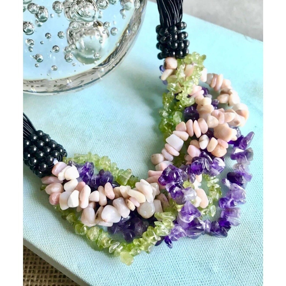 New Unique Natural Pink Opal, Amethyst & Peridot 6-Strand Nugget Necklace